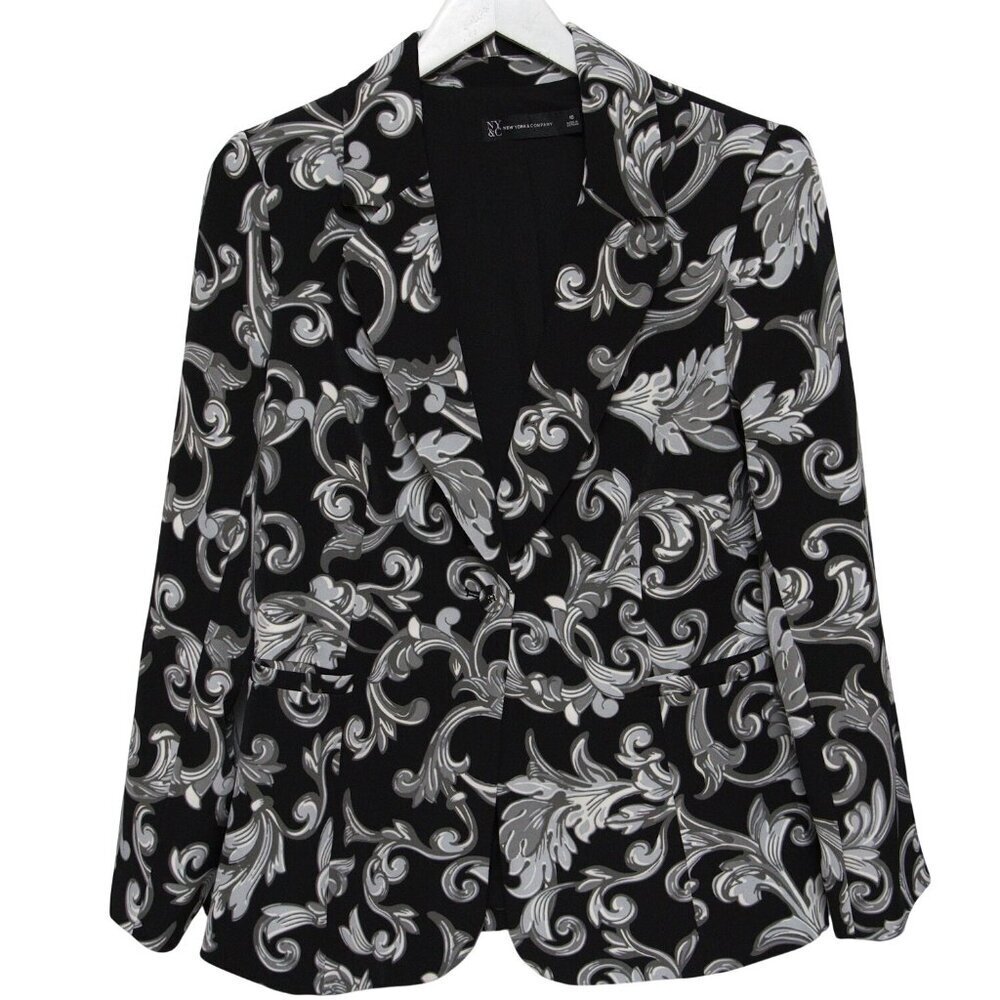 NEW YORK & COMPANY Black Scroll Stretch Blazer Size 10 Womens Jacket Evening